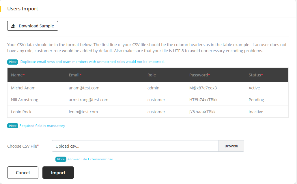 User tab of User exporting