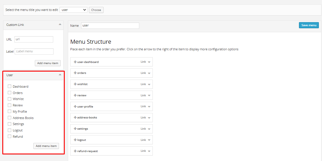 User tab of User exporting
