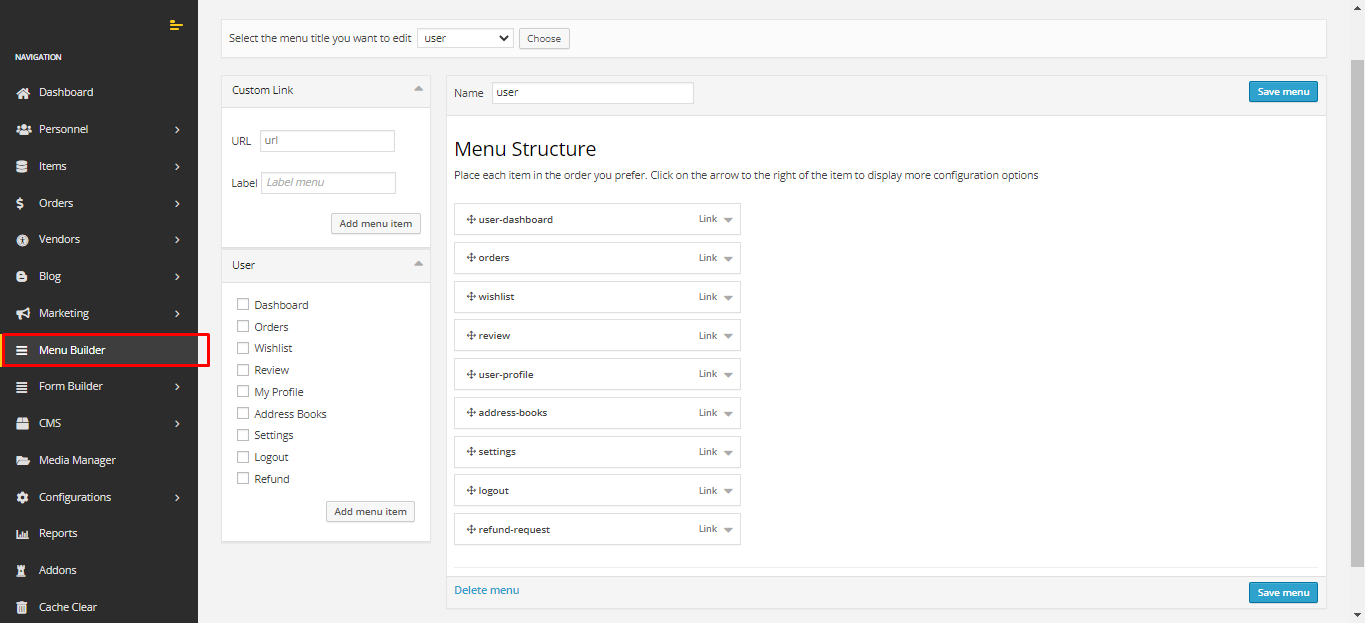 User tab of User exporting