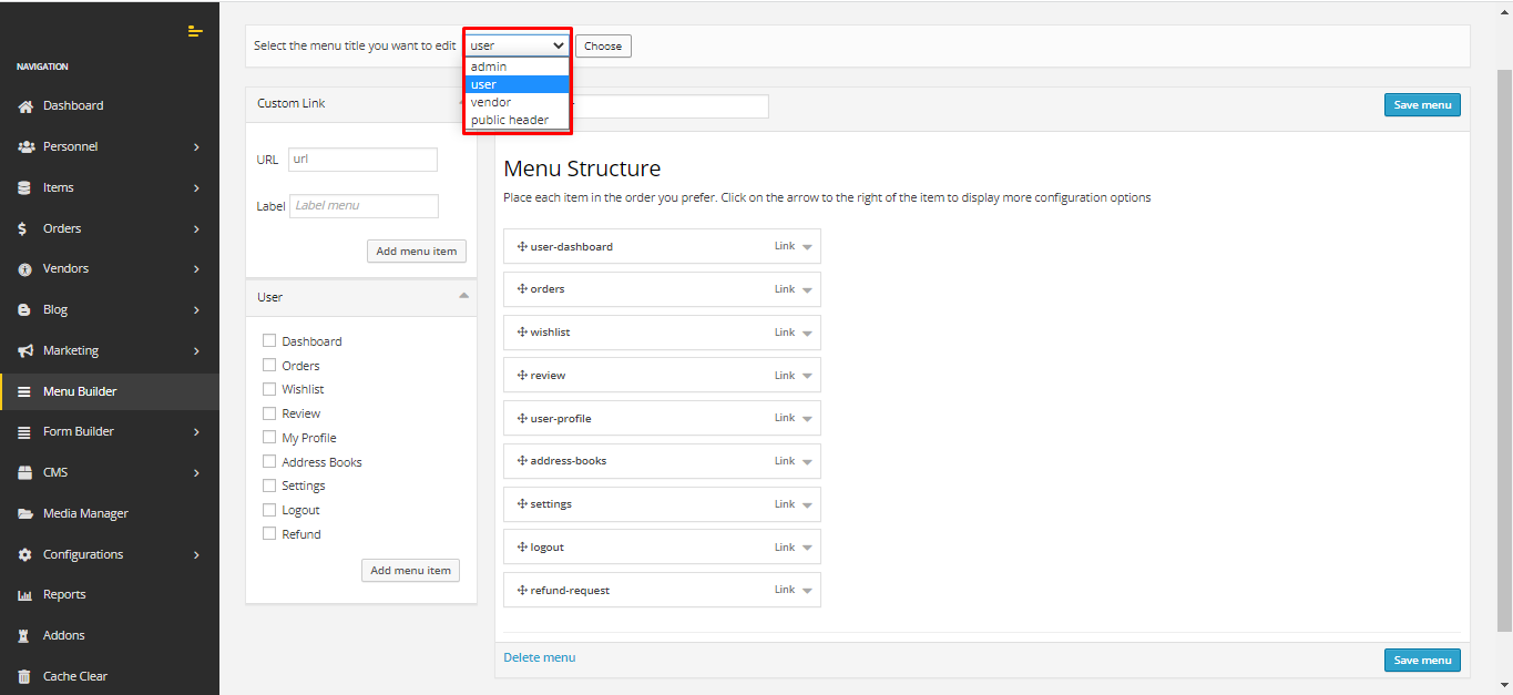 User tab of User exporting