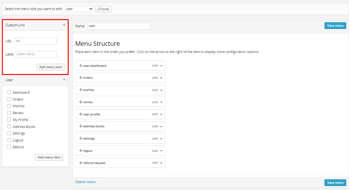 User tab of User exporting