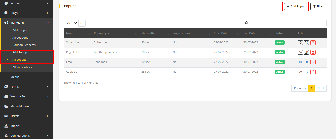 User tab of User exporting
