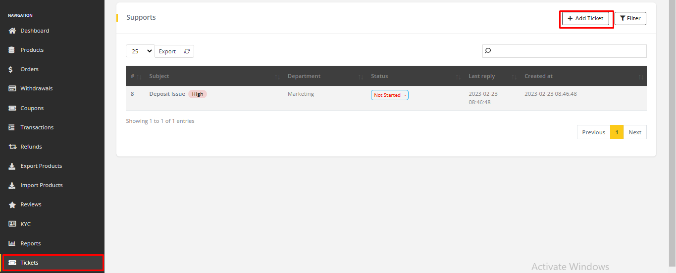 User tab of User exporting