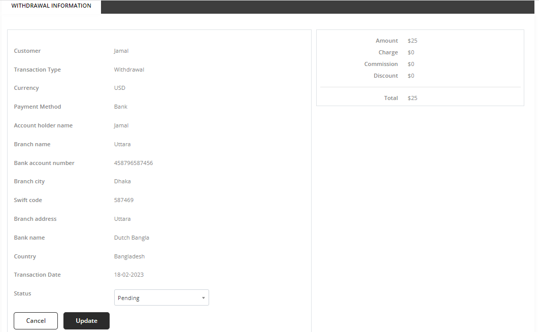 User tab of User exporting