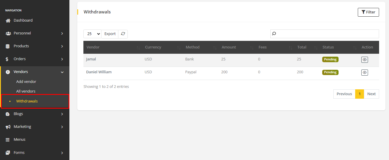 User tab of User exporting
