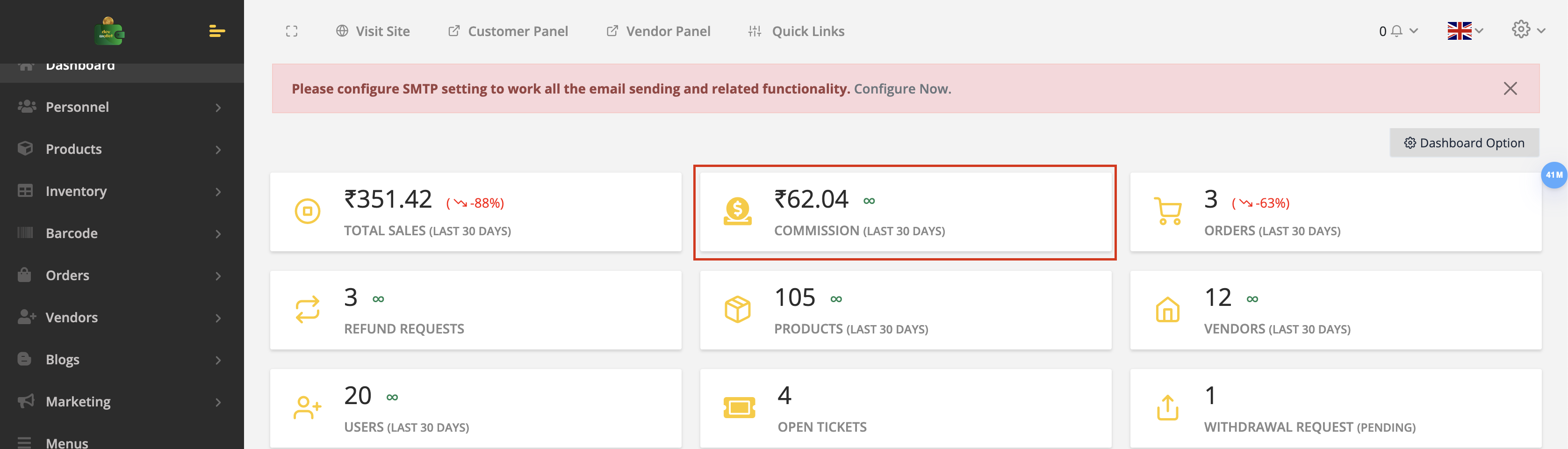 Dashboard of admin view commission