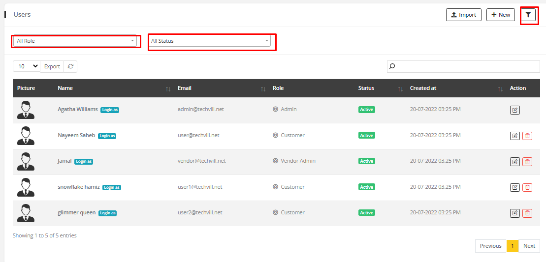 User tab of User filter panel