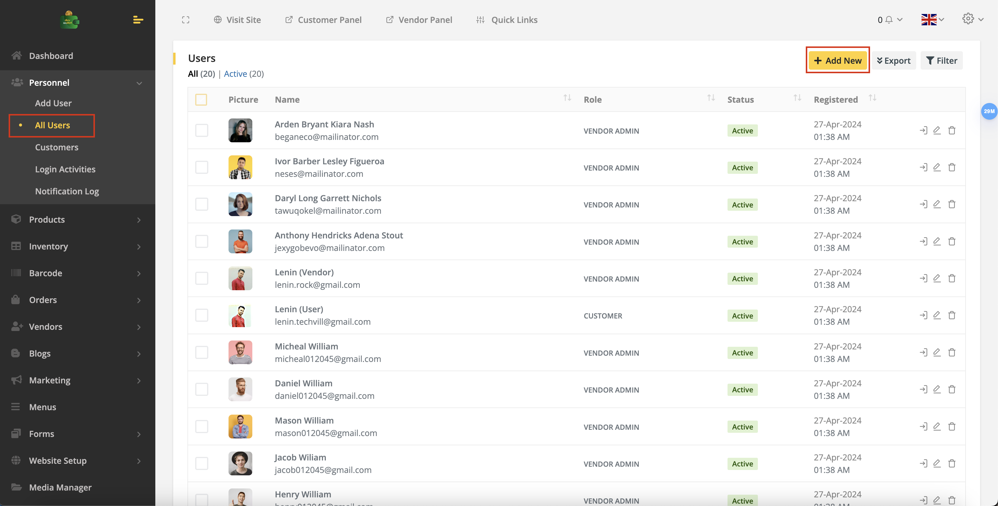 User tab of User list