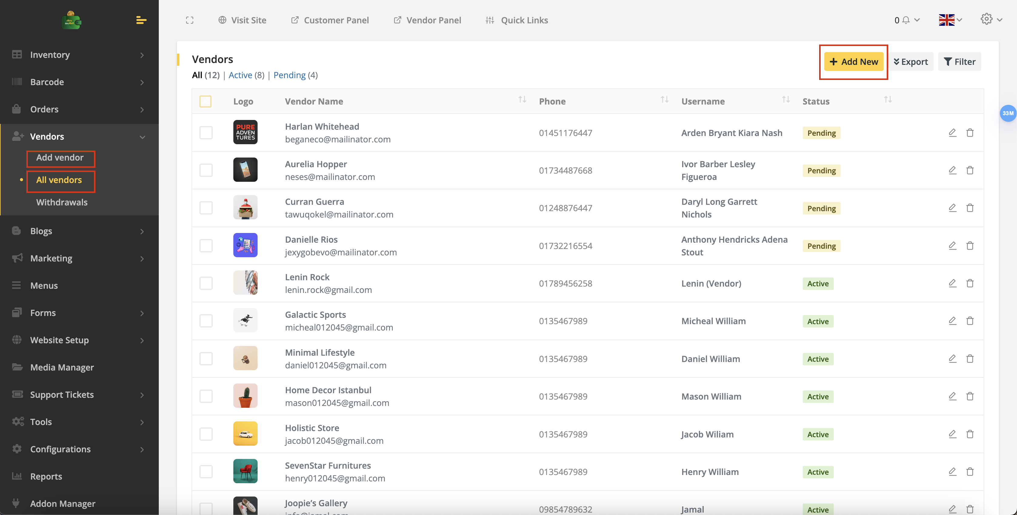 Vendor tab of vendor list