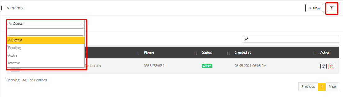 Vendor tab of filter icon