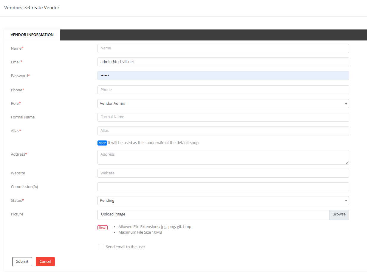 Vendor tab of vendor form